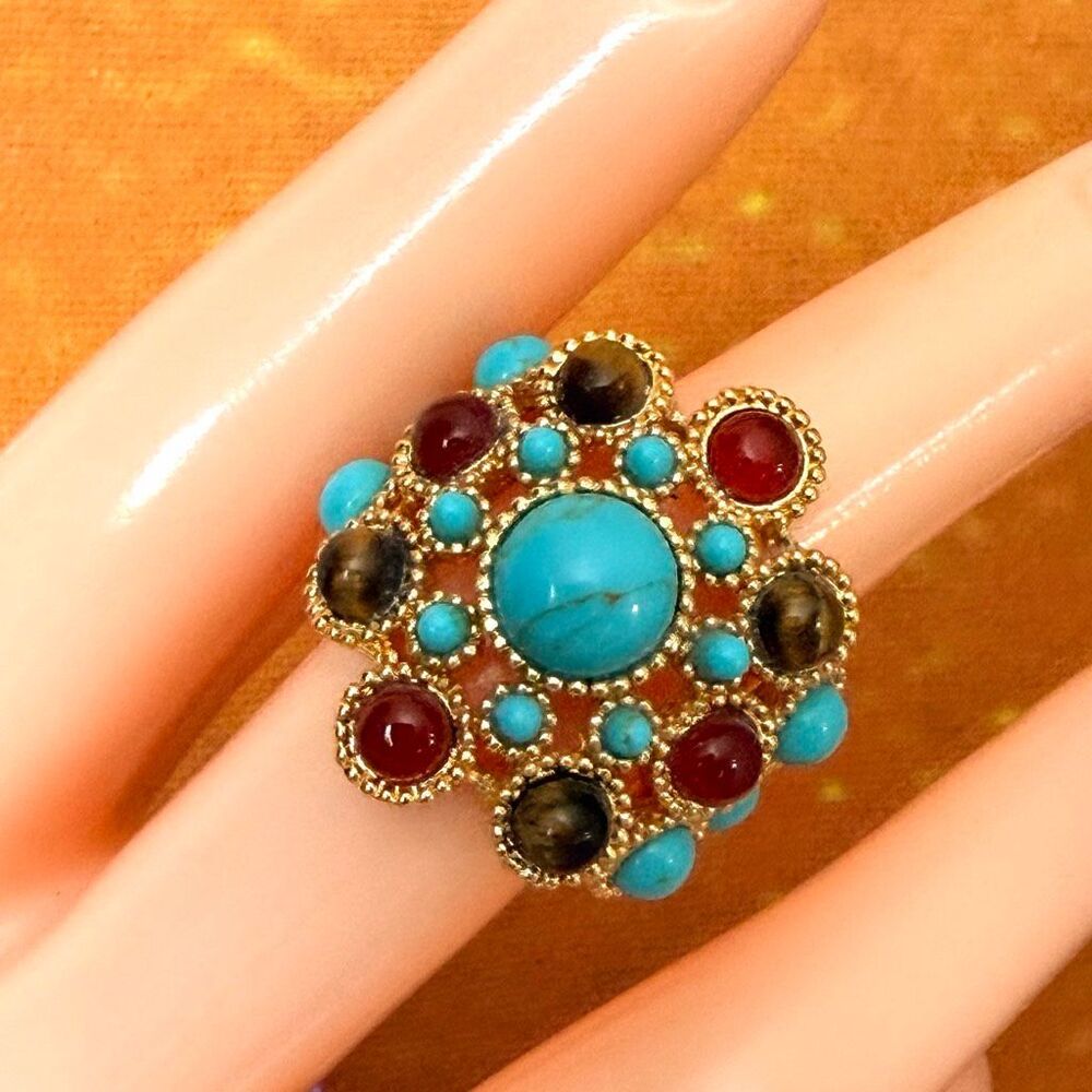 R.J. Graziano Carnelian Turquoise Multicolor Cabochon Statement Ring